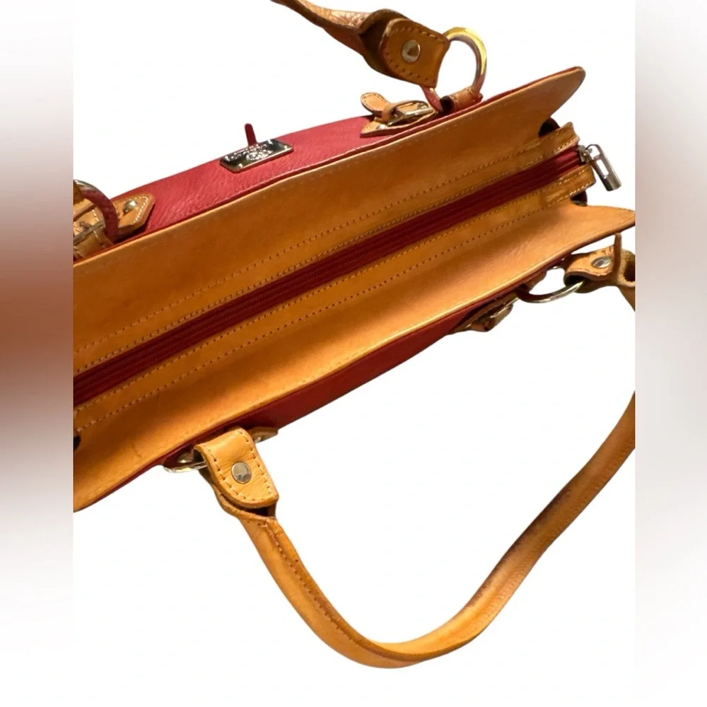 Red and Tan Leather Structured Shoulder Bag with Handles - Picture 7 of 13